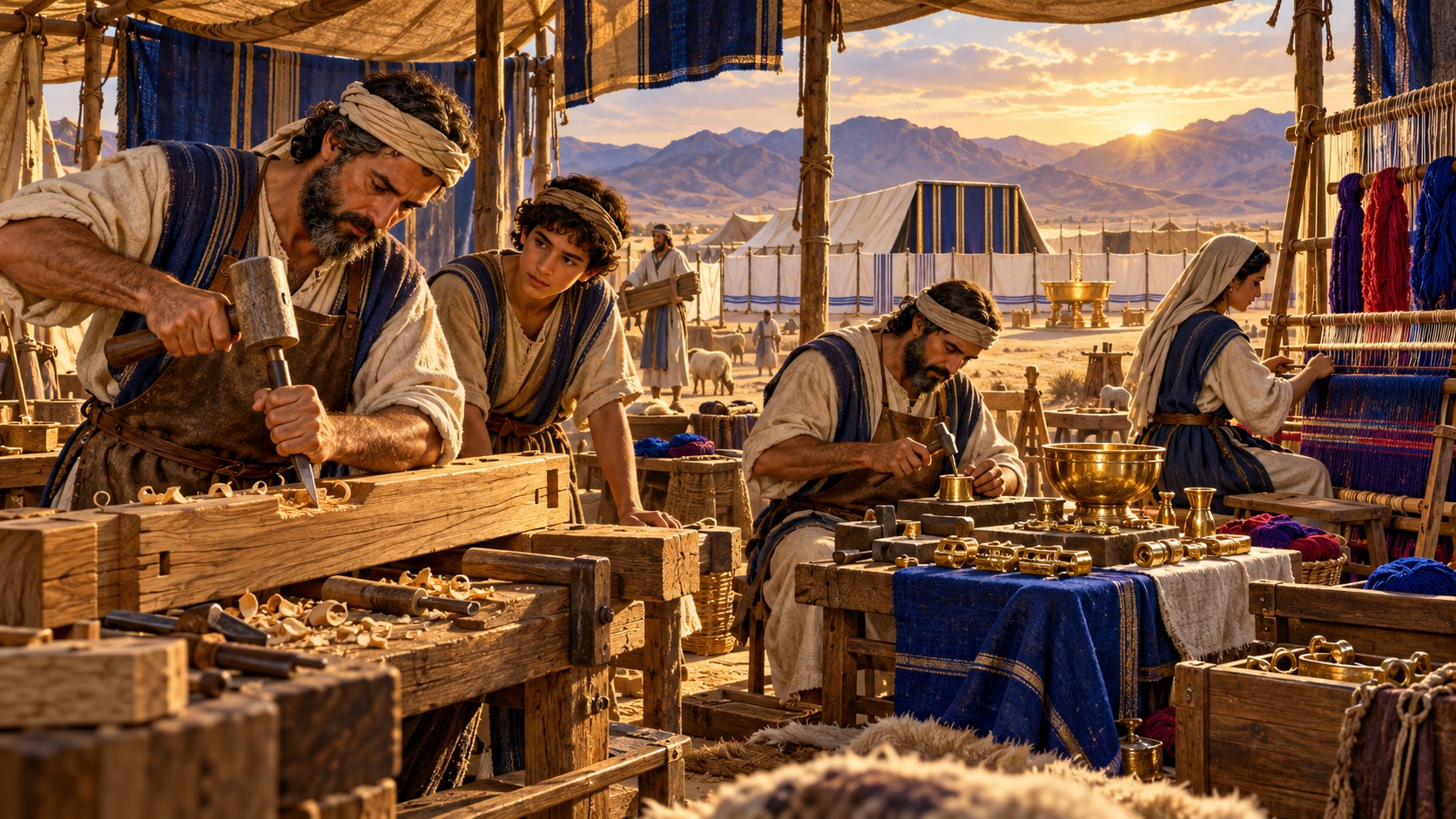 Illustration inspired by Exodus: artisans carve wood, work gold and weave cloth for the tabernacle.