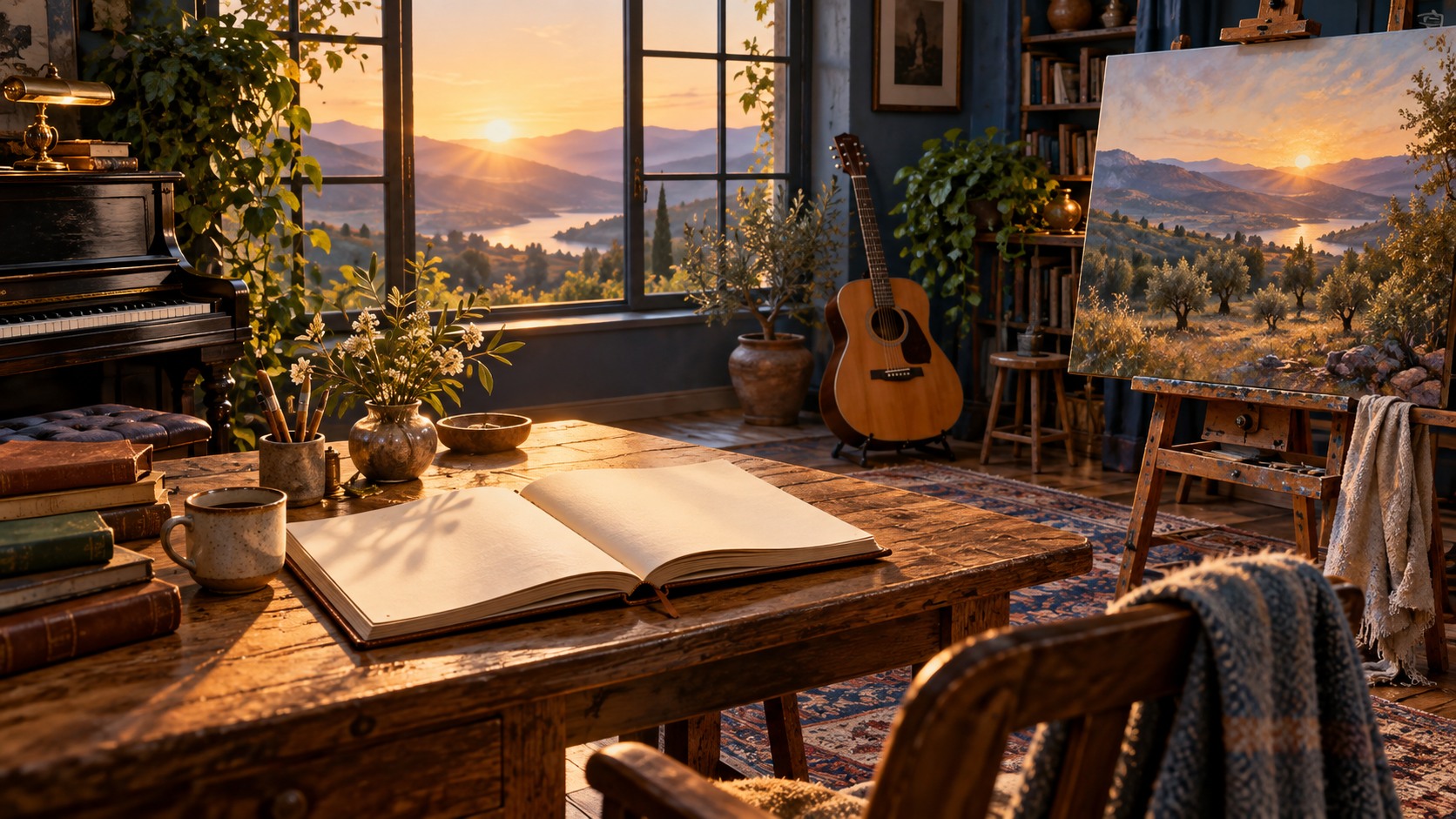 Illustration of books, music and painting together in a creative studio.