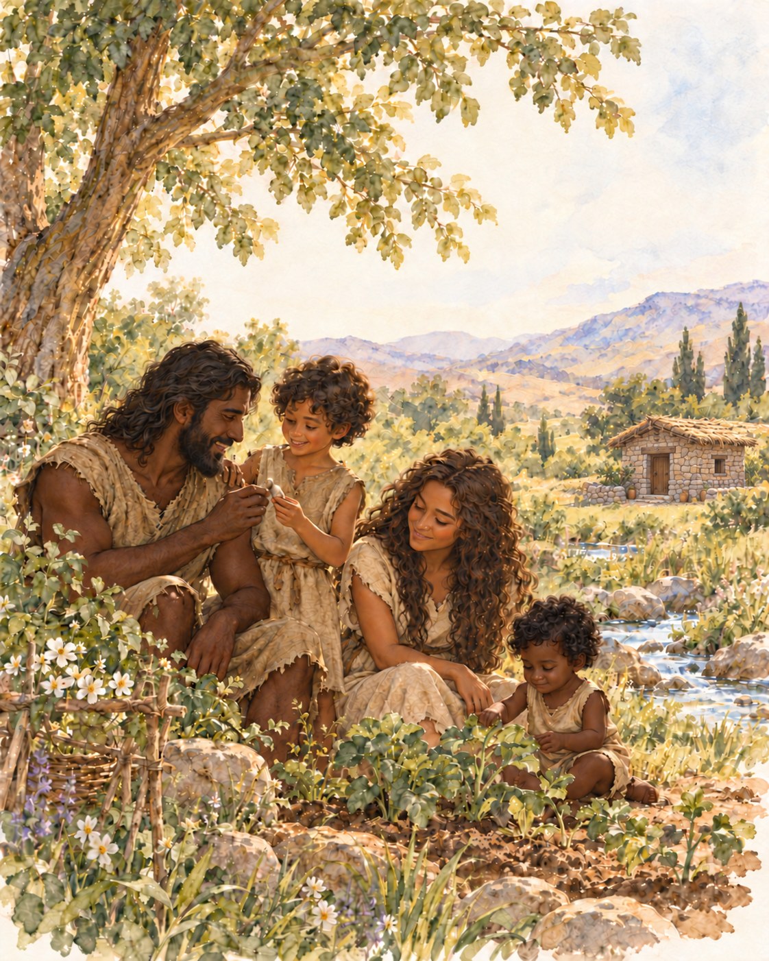 An imagined first family with two young boys beside a stream and a stone home