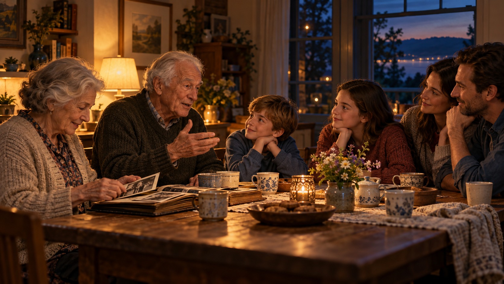 Illustration of three generations sharing family memories around a warmly lit table.