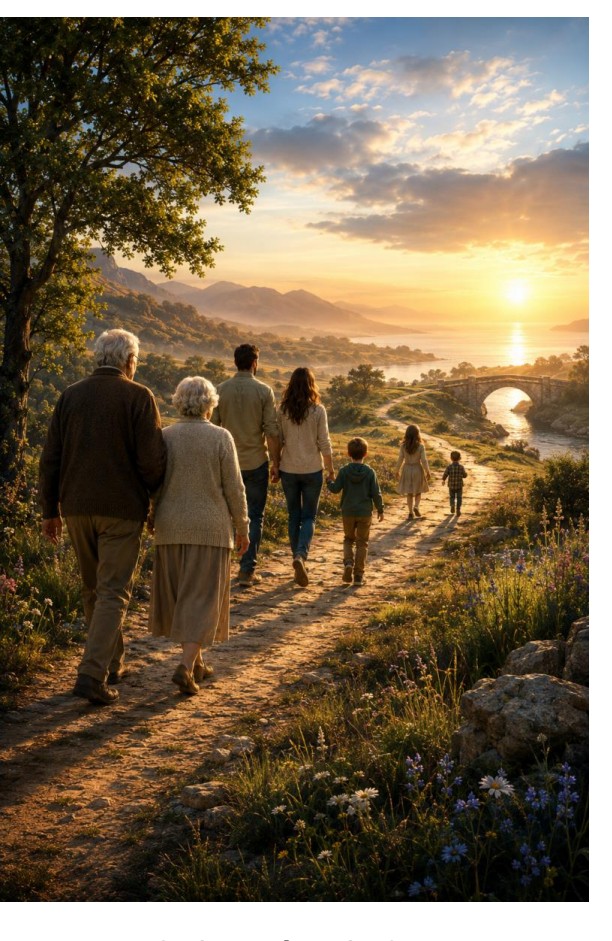 Three generations walking together along a sunlit path toward a bridge and the sea