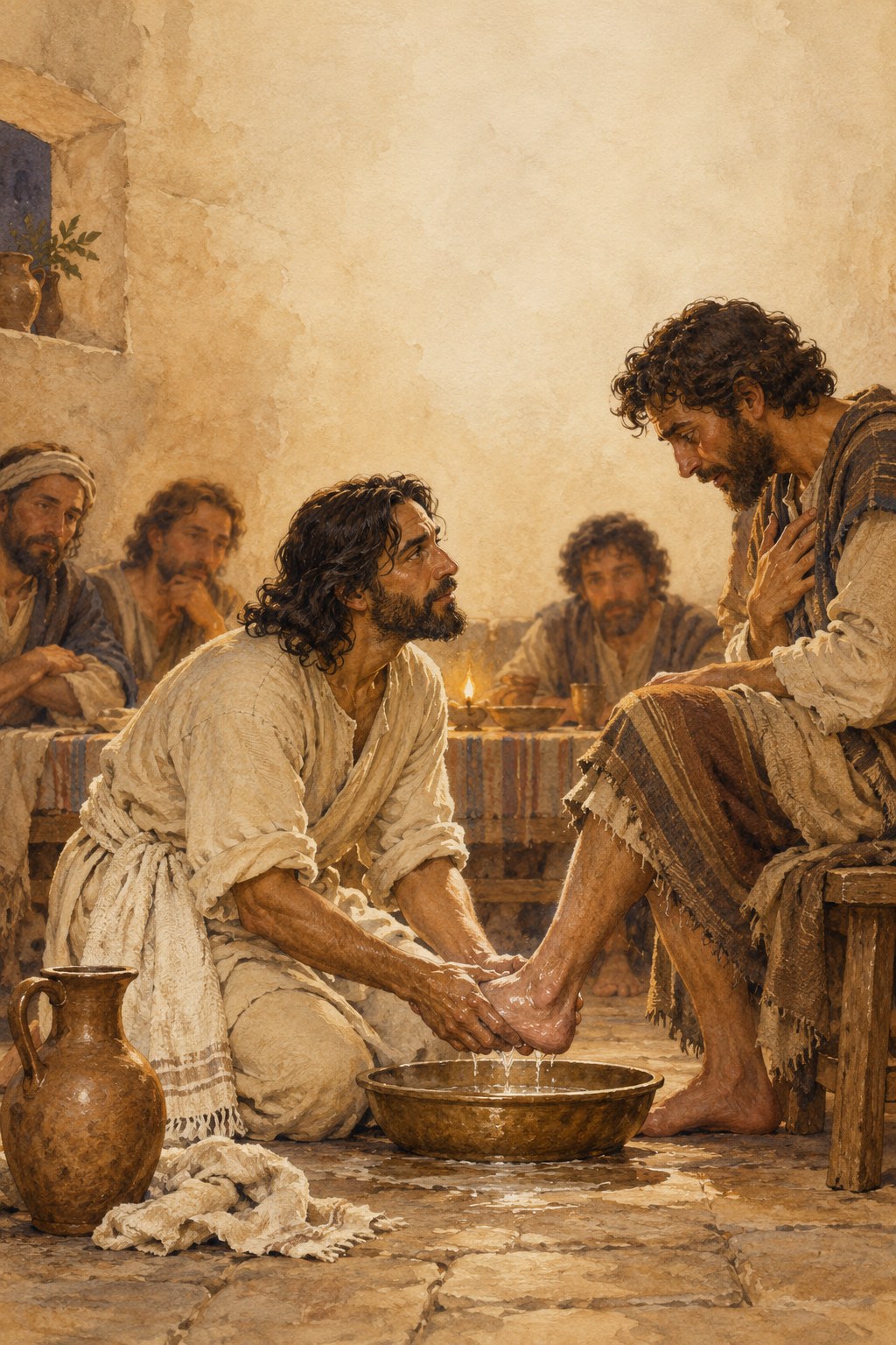 Jesus kneels beside a basin and gently washes a disciple’s feet as others watch