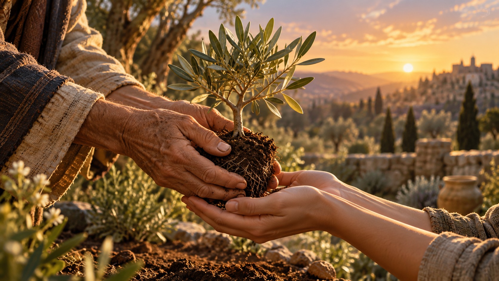 Illustration of older hands passing a living sapling into younger hands.
