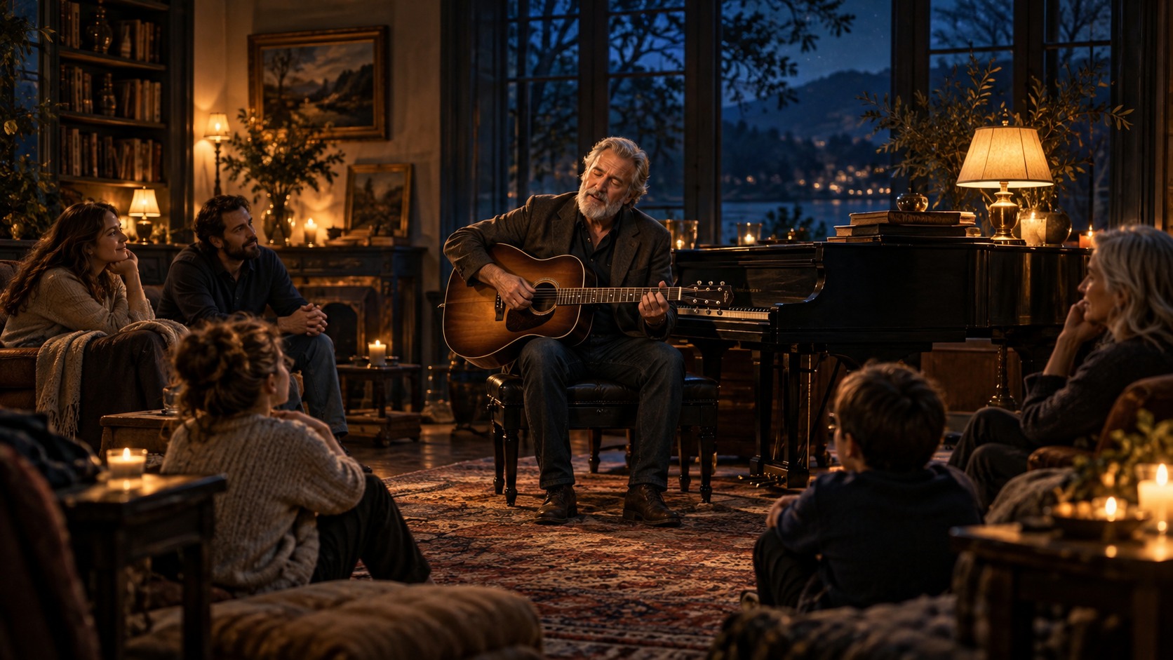 Illustration imagining an intimate evening of live music and storytelling.