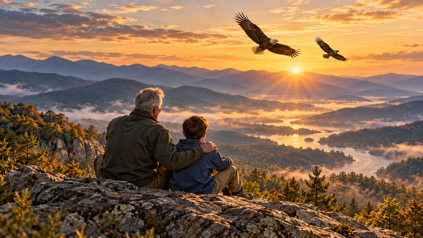 Illustration of a grandfather and grandson overlooking a mountain valley as two eagles soar above them.