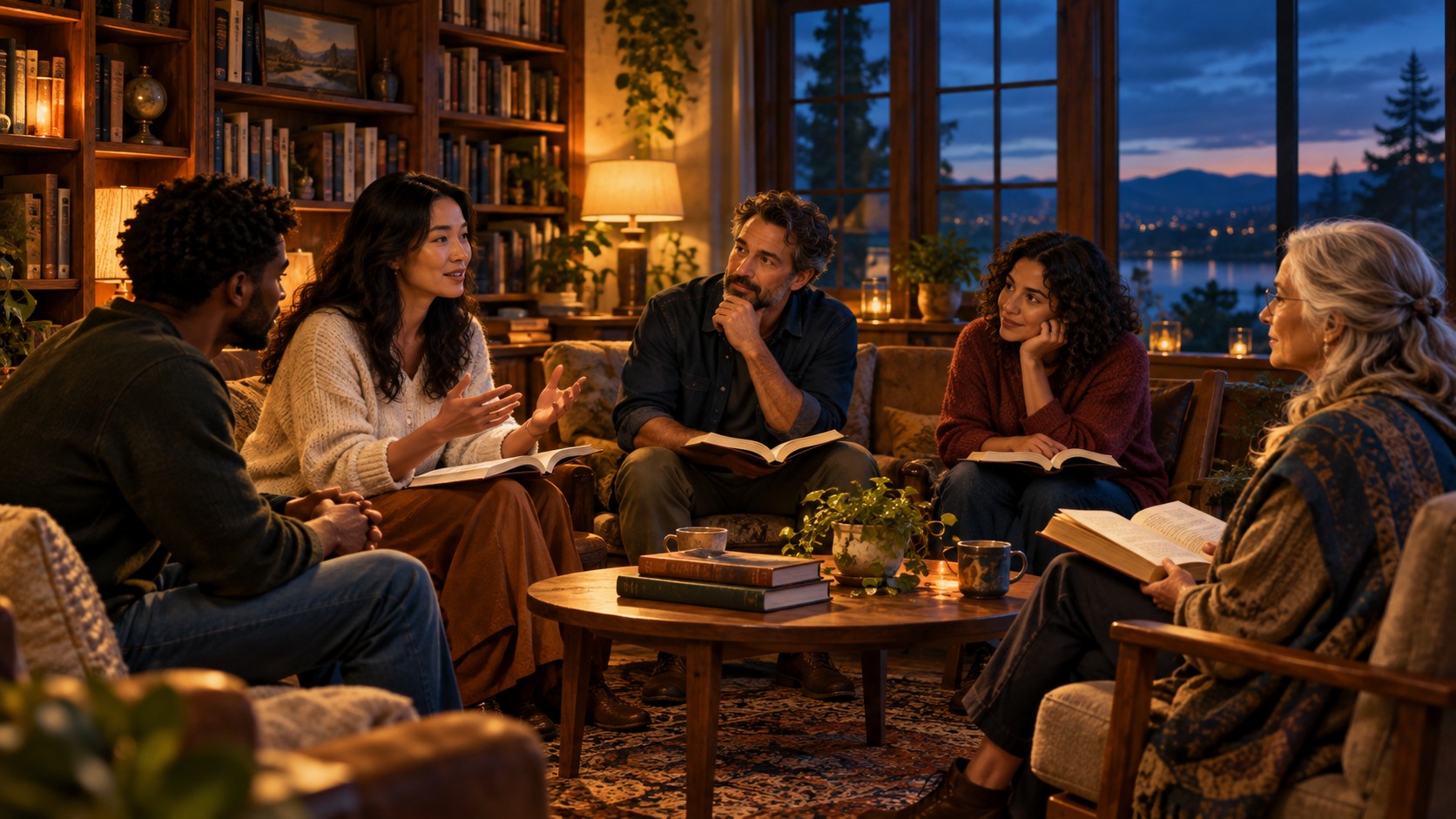 Illustration of five adults sharing reflections on a story in a welcoming library.