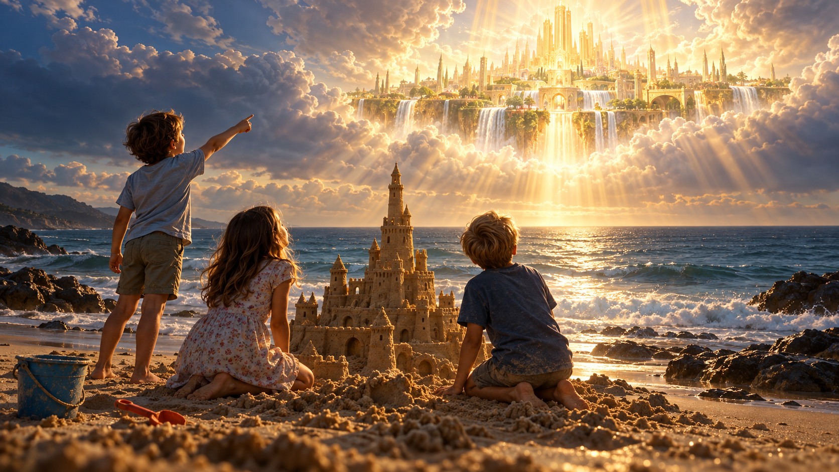 Three children build a sandcastle as the luminous City of God descends above the ocean.