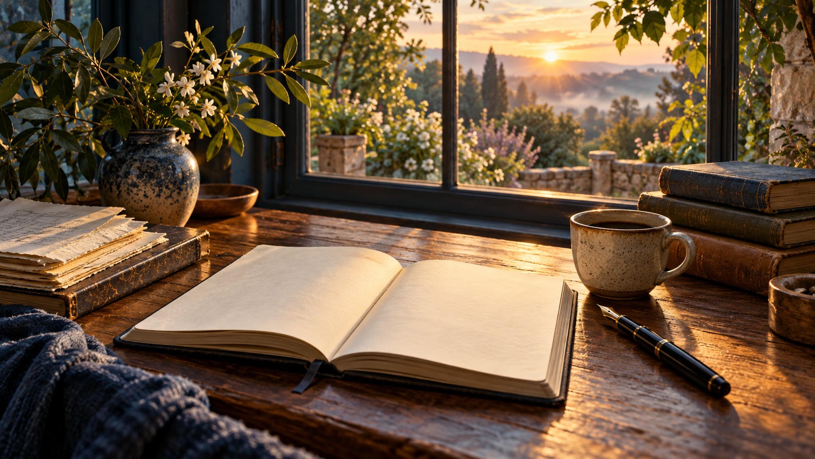 Illustration of an open notebook and pen on a quiet writing desk beside a garden window.
